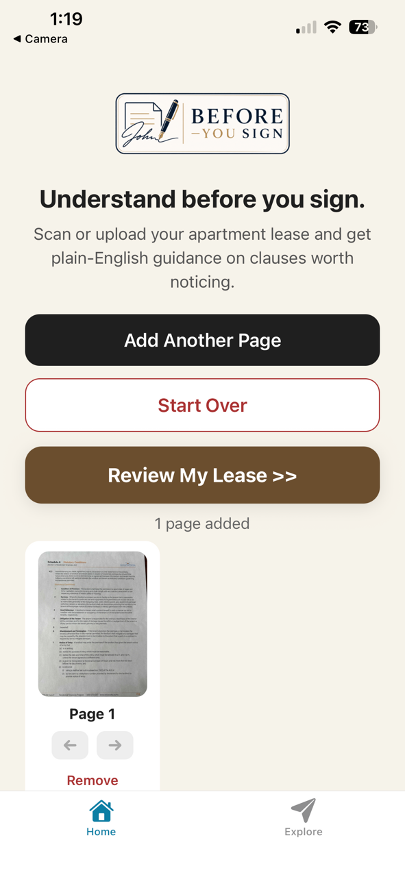 BeforeYouSign app apartment lease review results screen